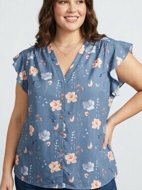 EmryRose NWT Blue Floral Button-Front Flutter Sleeve Top Sz 2X